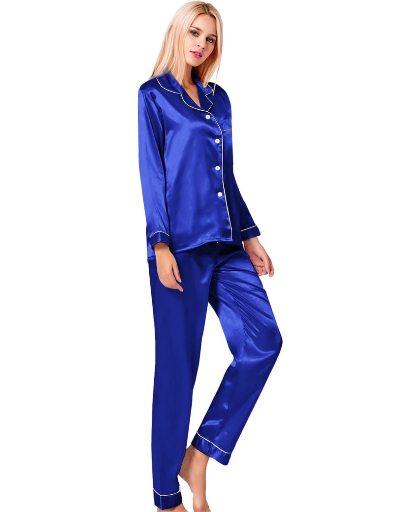 SWOMOG Womens Silk Satin Pajamas Long Sleeve Loungewear Two-Piece Sleepwear Button-Down Pj Set Blue - Image 4